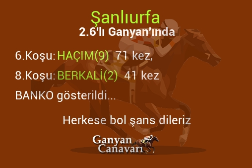 Şanlıurfa 2.Altılı Ganyanında; Bankolar belli oldu.