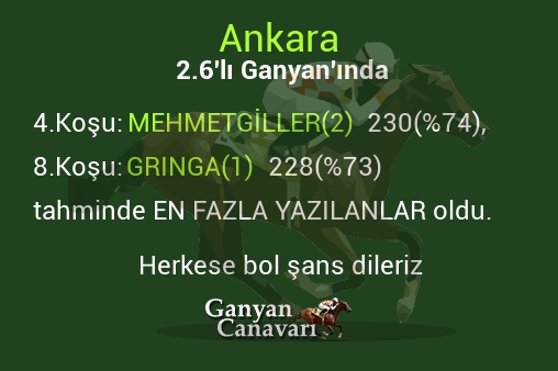 Ankara 2.Altılı Ganyanında; En fazla yazılanlar belli oldu