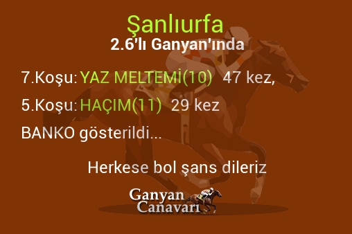Şanlıurfa 2.Altılı Ganyanında; Bankolar belli oldu.